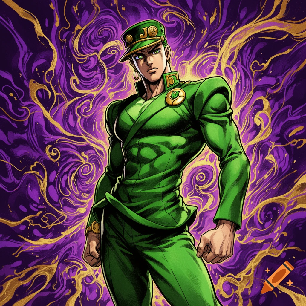 Muscular man in a green military uniform with a 'JO' hat and badge, against a swirling purple and gold background.
