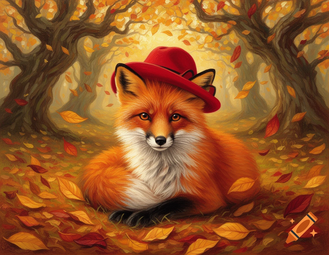 Impressionistic painting of a cute red fox wearing a red hat, sitting among fallen autumn leaves in a forest.