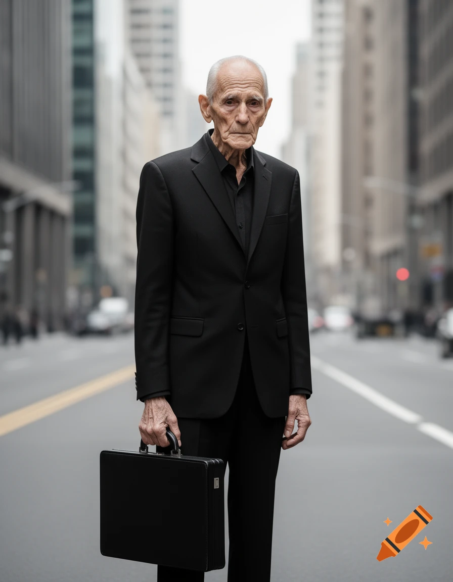 A slender, elderly man in a black suit holds a black briefcase while standing in the middle of a city street.