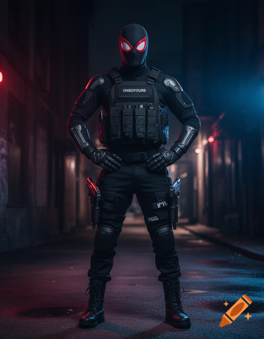 A photorealistic full-body shot of a person in a black tactical Spider-Man-inspired costume with red eyes, standing in an urban alley with red and blue lighting.