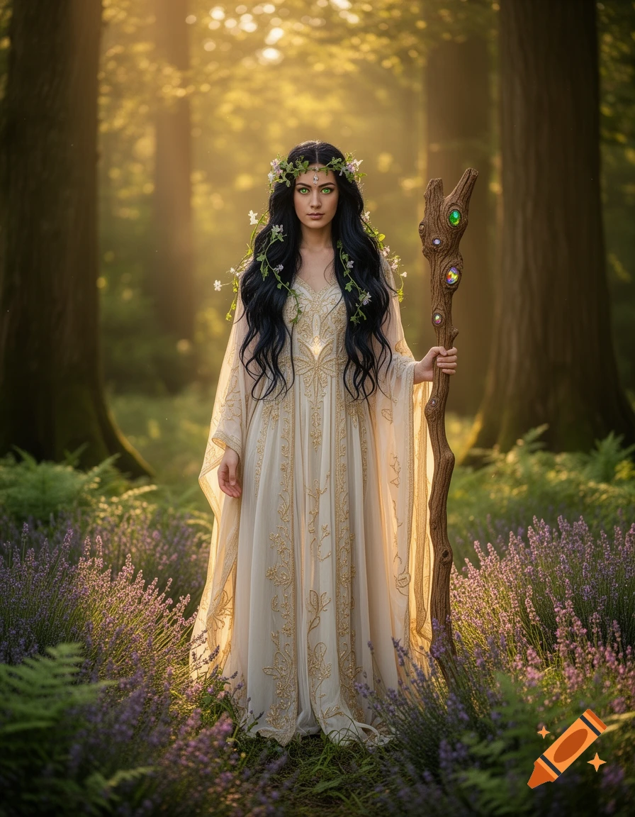 A dark-haired woman in a cream gown and flower crown, holding a staff, stands in a sunlit forest with purple flowers.