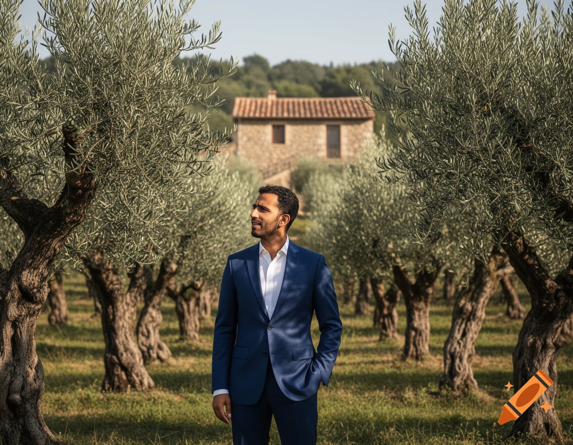 A man in a blue suit stands in an olive grove with a stone house in the background under a clear sky.