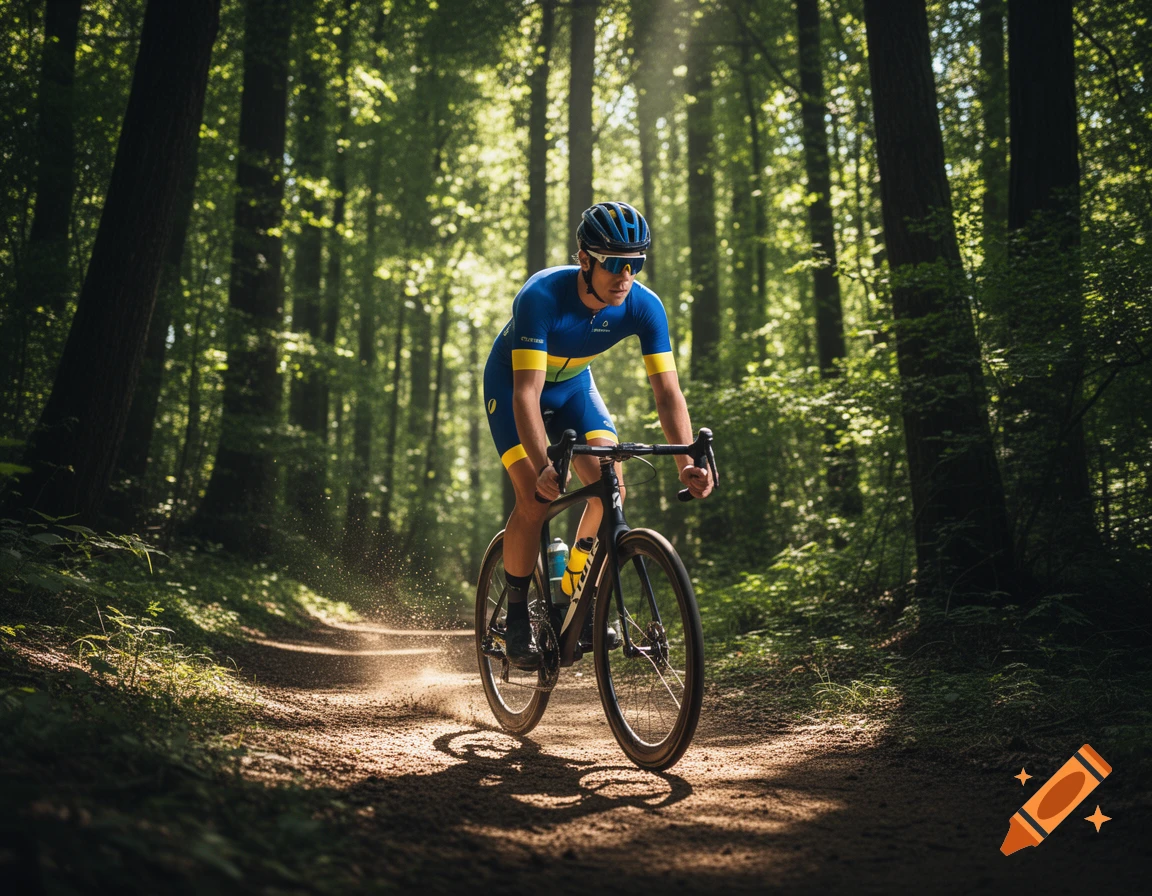 A cyclist in a blue and yellow racing suit rides a bike on a sun-dappled dirt path through a dense, green forest.