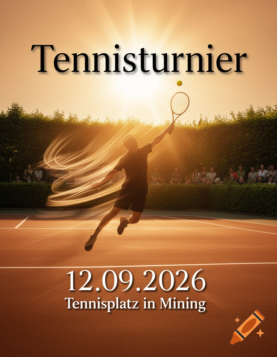 A vibrant poster for a tennis tournament, featuring a silhouetted player serving under a bright sun on a clay court, with event details.