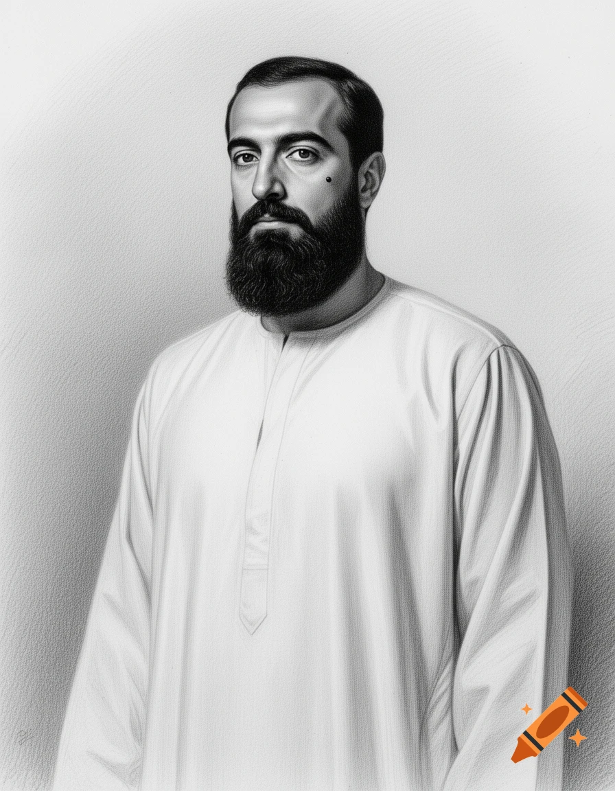 Realistic pencil drawing of a bearded man in a simple traditional tunic, looking forward.