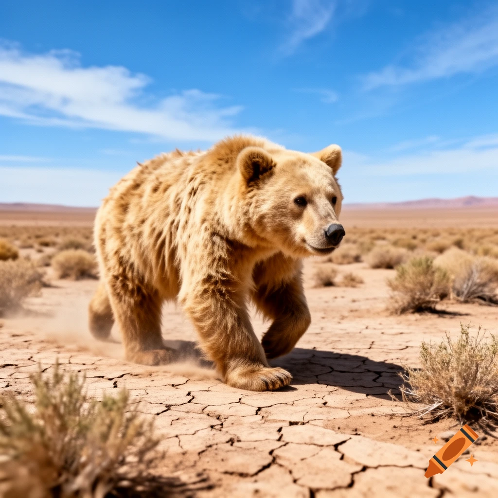 A photorealistic Gobi bear walks across a cracked, dusty desert under a bright blue sky.