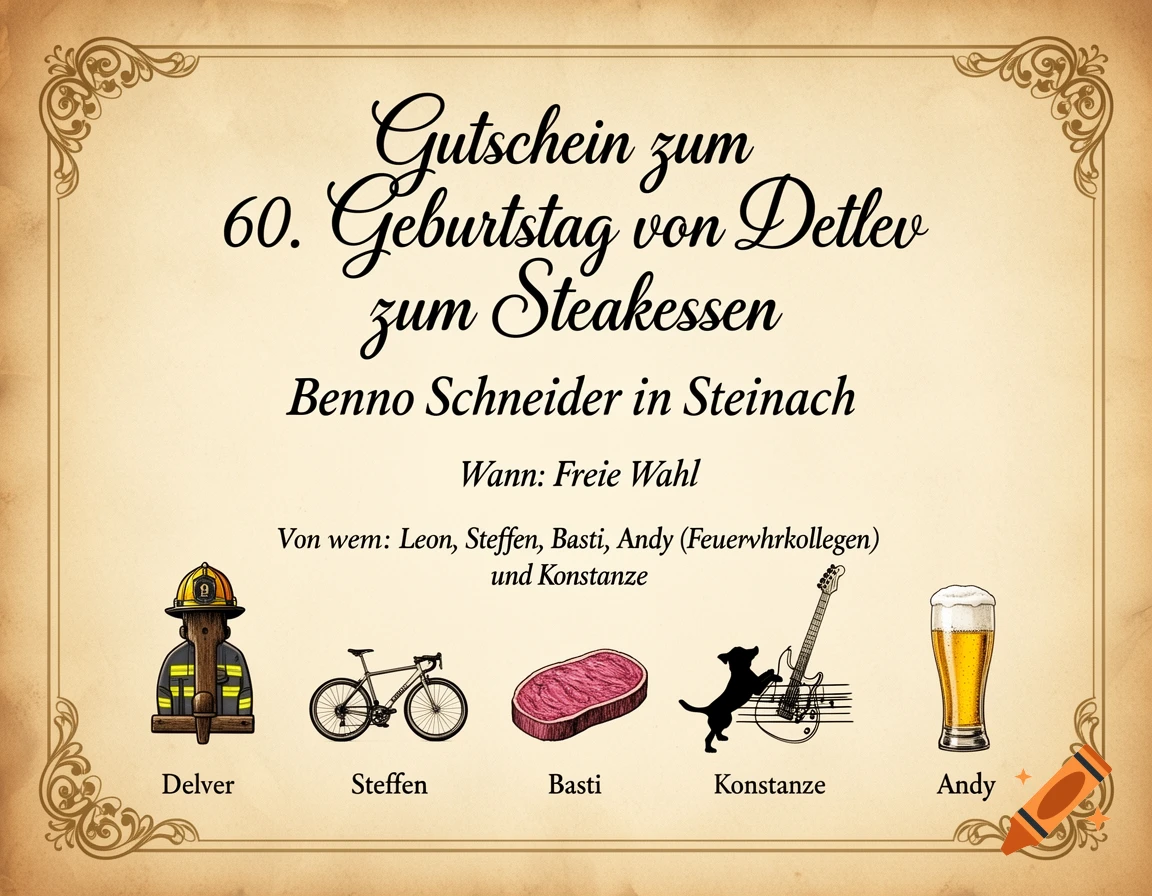 A vintage-style birthday voucher for a steak dinner, with decorative borders and icons representing the senders below the main text.
