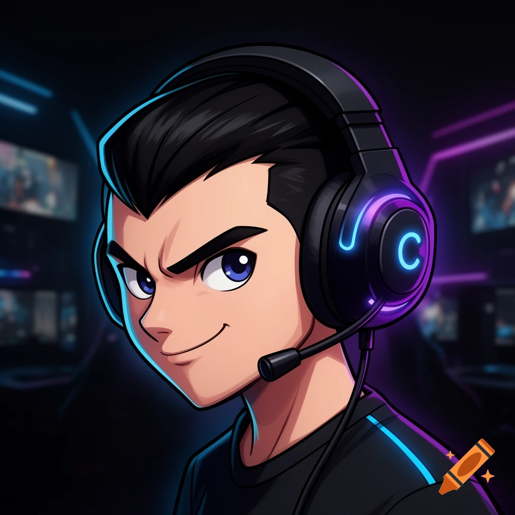 Stylized anime-inspired young male gamer with a confident smile, wearing a black gaming headset with neon blue and purple lights.