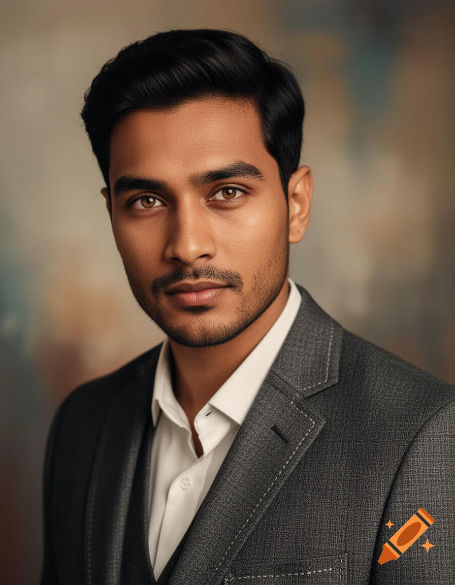Photorealistic portrait of a dark-haired man with a beard, wearing a grey suit and white shirt.