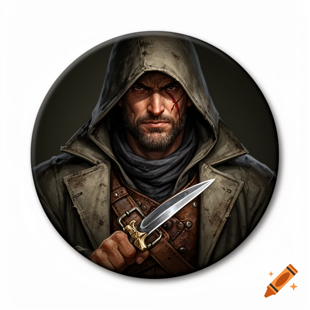 A digital illustration of a stern man in a hooded coat with a scar, holding a dagger, depicted as a round D&D token.
