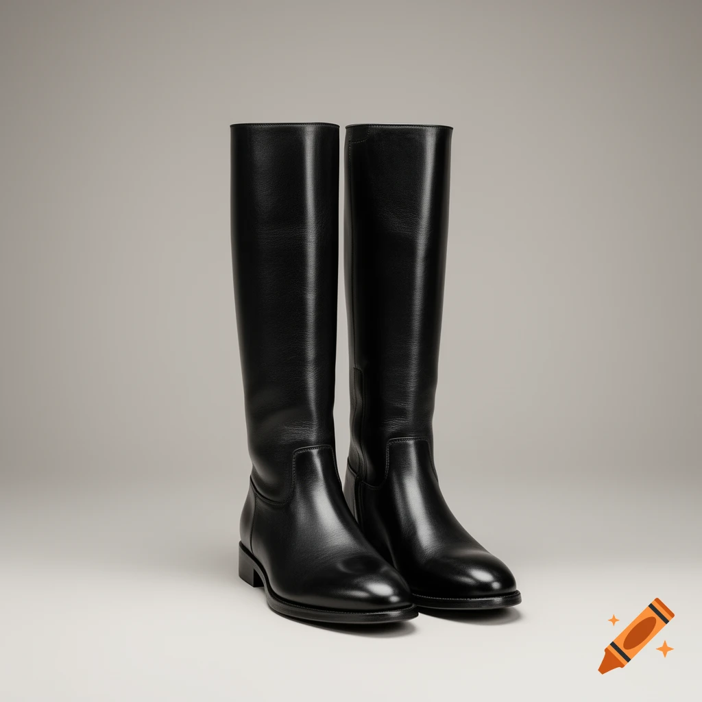 A pair of tall, shiny black leather boots stands upright against a light grey background.