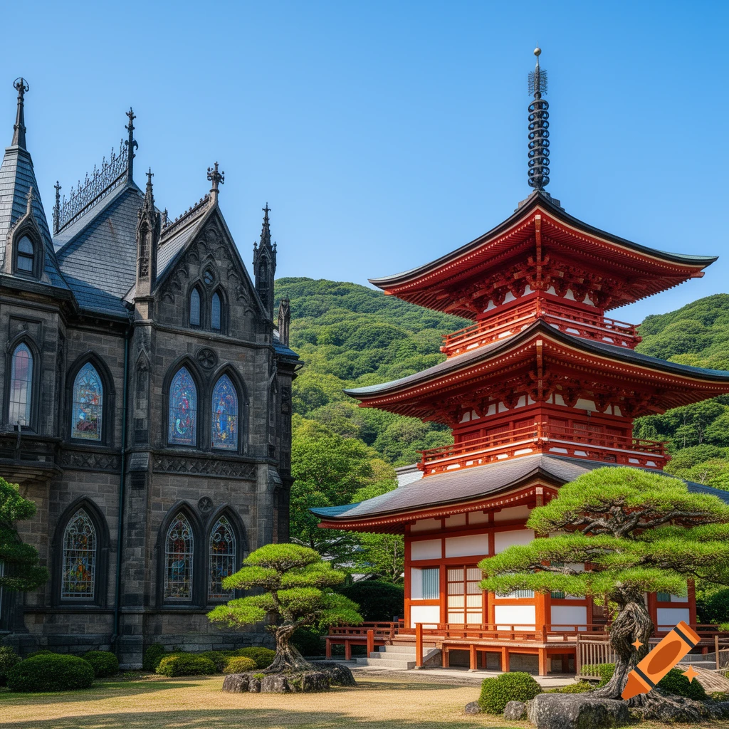 A dark gothic building with stained glass windows stands next to a red Japanese pagoda, surrounded by manicured trees and green hills.