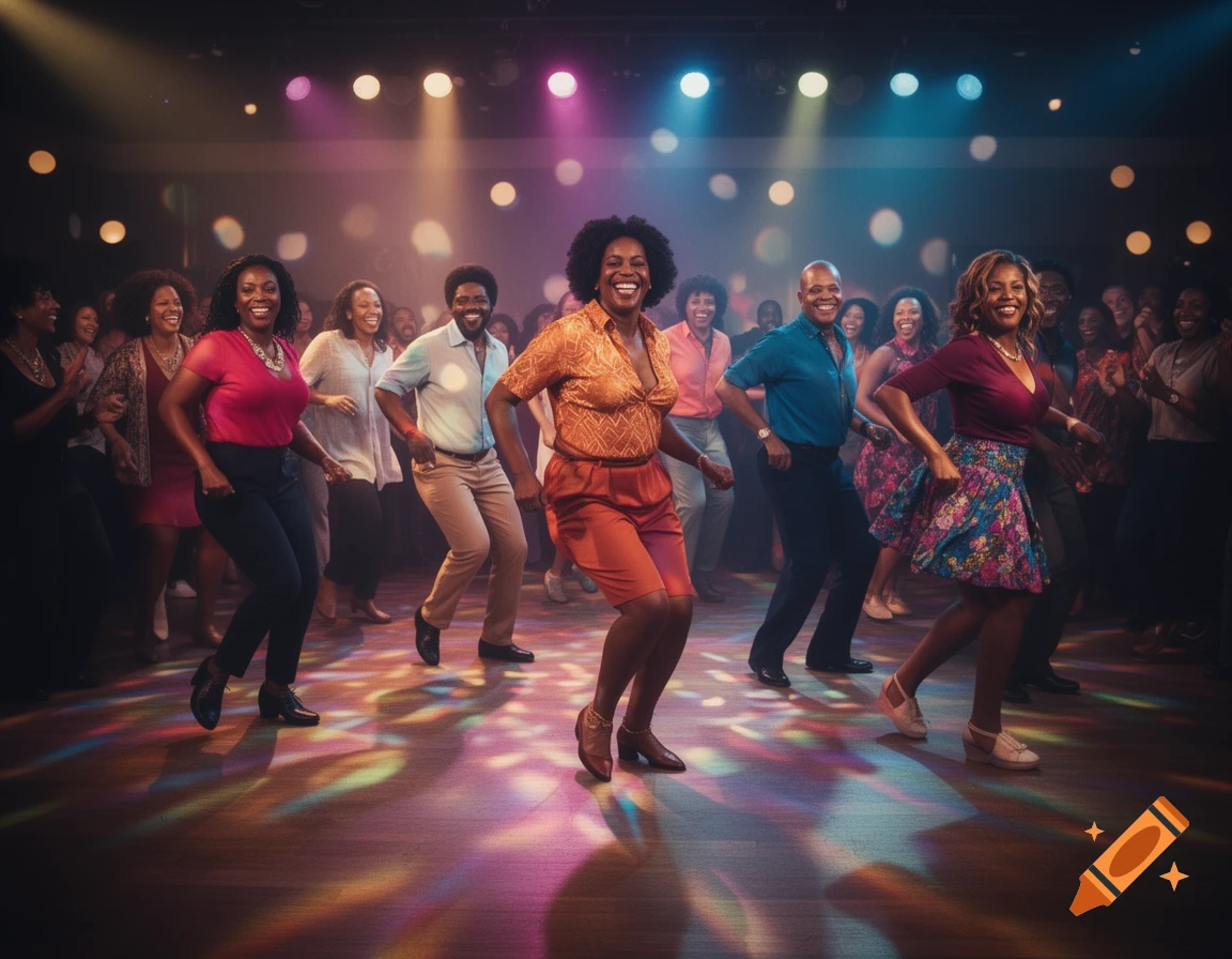A vibrant group of Black adults smiling and dancing under colorful disco lights on a wooden floor.