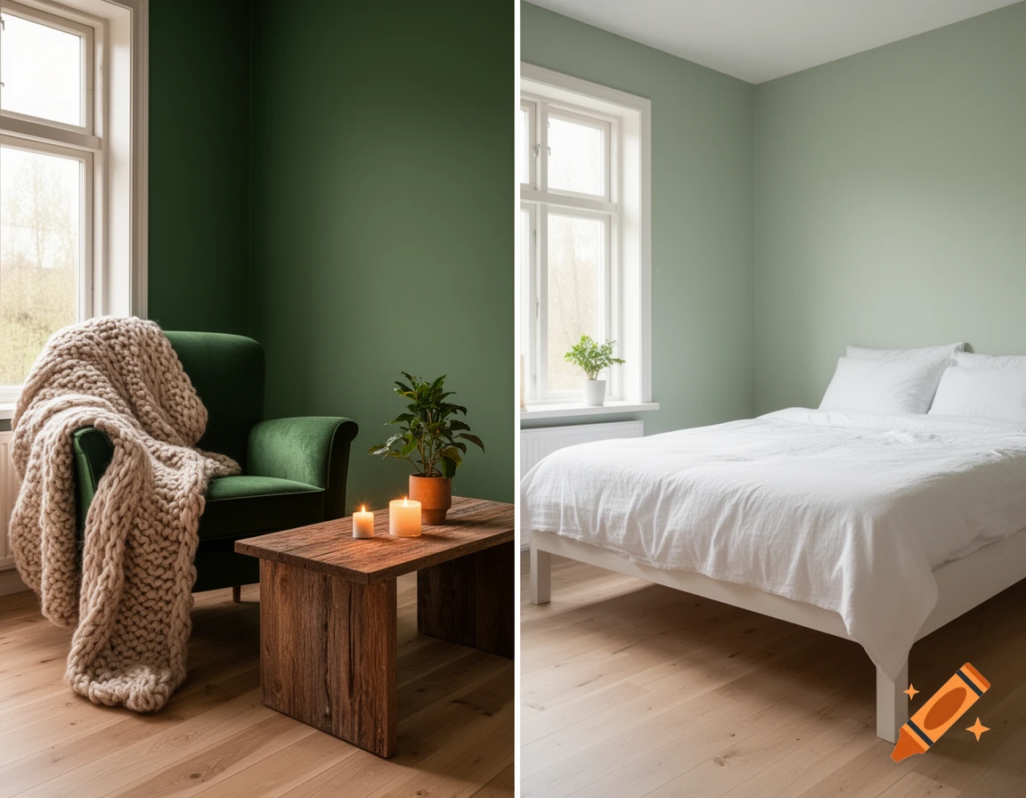 Splitscreen image showing two cozy bedroom interiors. The left side is Hygge style with a dark green armchair; the right is Skandi style with a white bed.