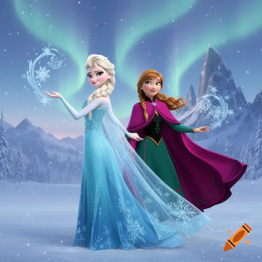 Animated Elsa and Anna in an icy winter landscape with snowy mountains and aurora borealis. Elsa creates ice magic while Anna smiles.