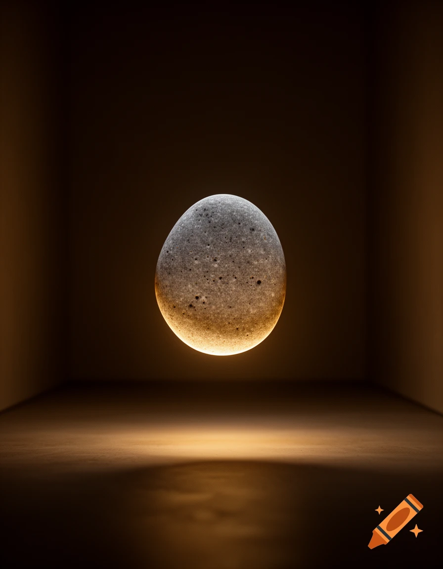 A textured, spherical pebble floats in a dark, minimalist room, emitting a warm golden glow onto the floor.