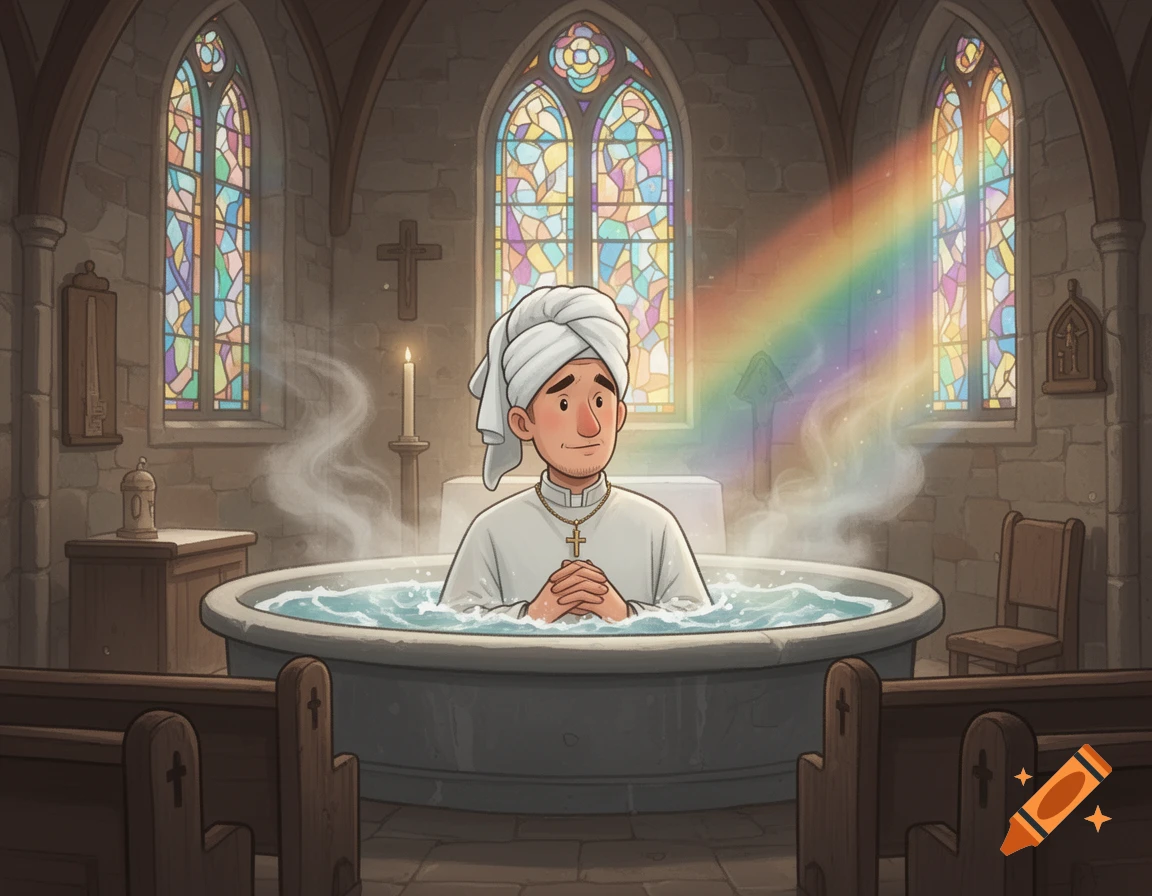 A cartoon priest with a towel on his head bathes in a bubbly jacuzzi inside a church with stained glass windows and a rainbow.