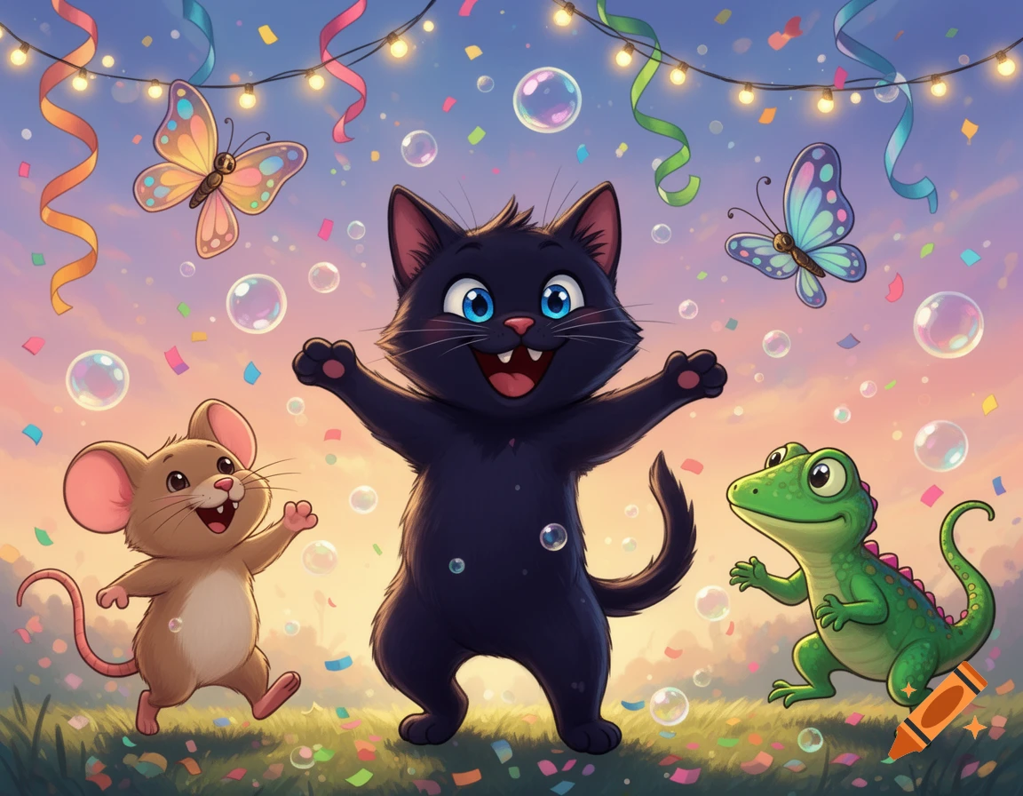 A joyful cartoon black cat, mouse, and lizard celebrating outdoors with butterflies, bubbles, confetti, and string lights at sunset.
