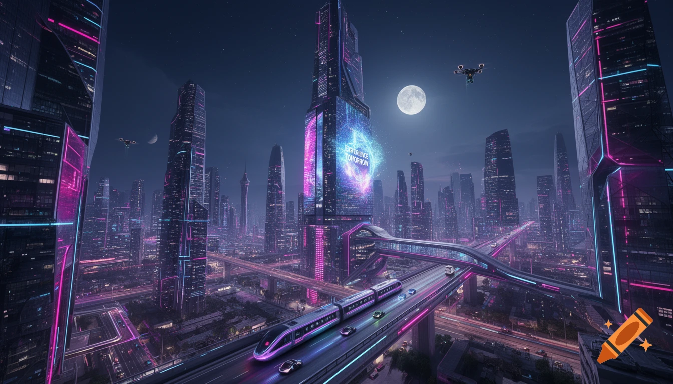 A vibrant futuristic city at night with towering skyscrapers, neon lights, a bullet train, flying cars, and a full moon.