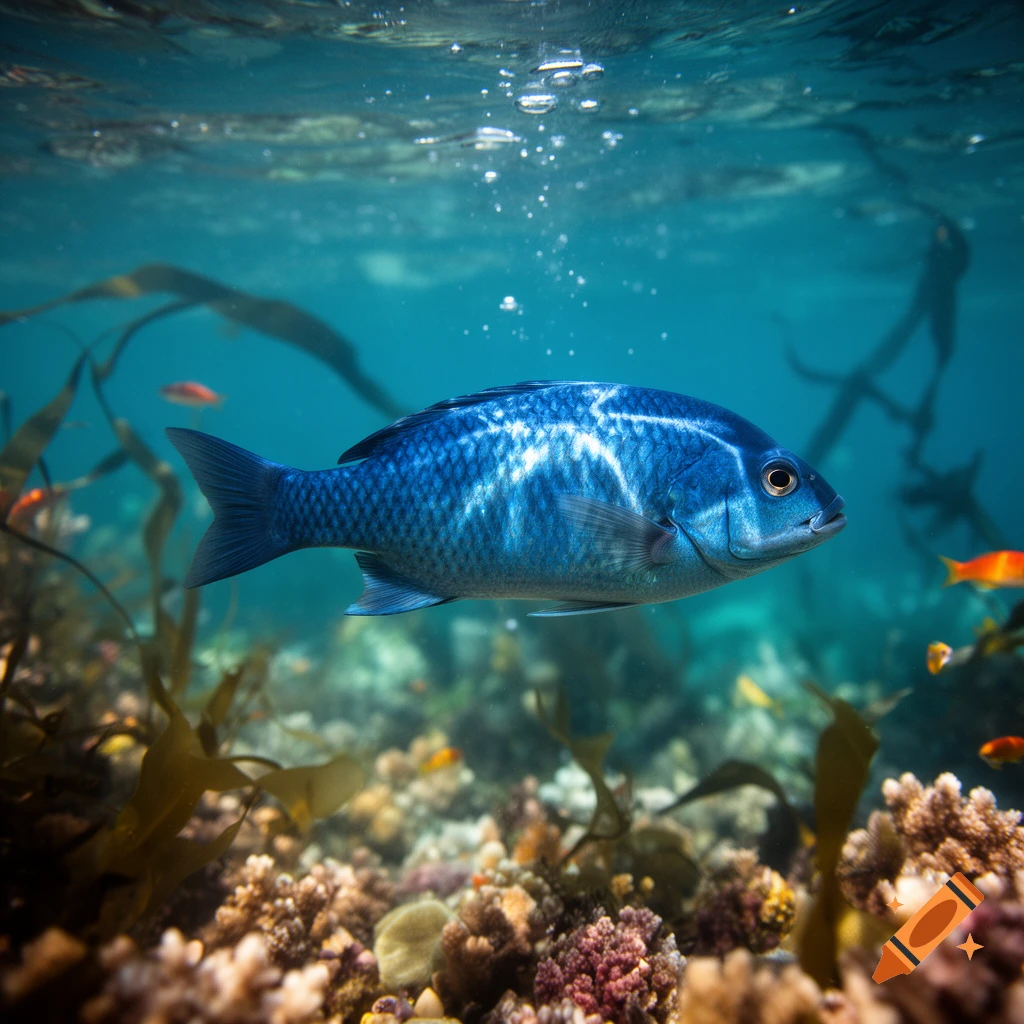 A vibrant blue fish swims above a colorful coral reef, with light dappling through the water from above.