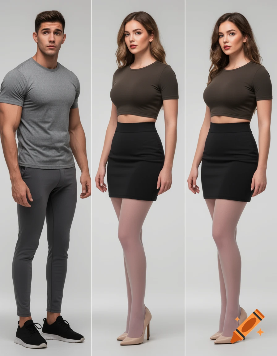 Three-panel image showing a man in athletic wear transforming into a woman in a crop top, skirt, tights, and heels.