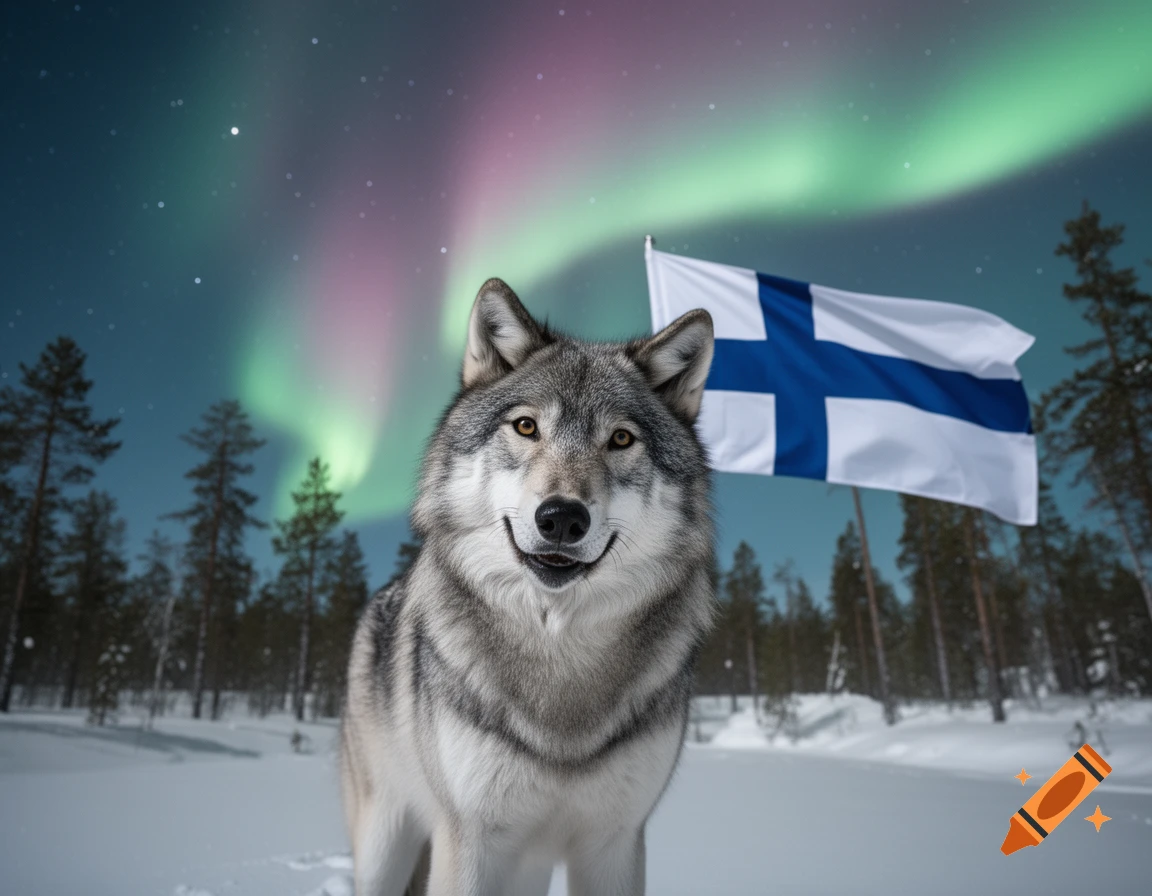 A photorealistic grey wolf smiles in a snowy Finnish forest under the northern lights, with the Finland flag waving behind it.