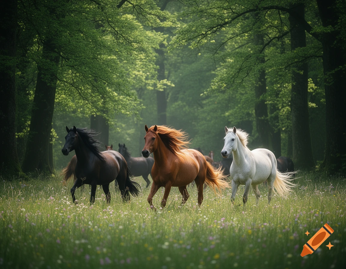 Three horses, black, brown, and white, gallop through a lush green forest meadow with wildflowers.