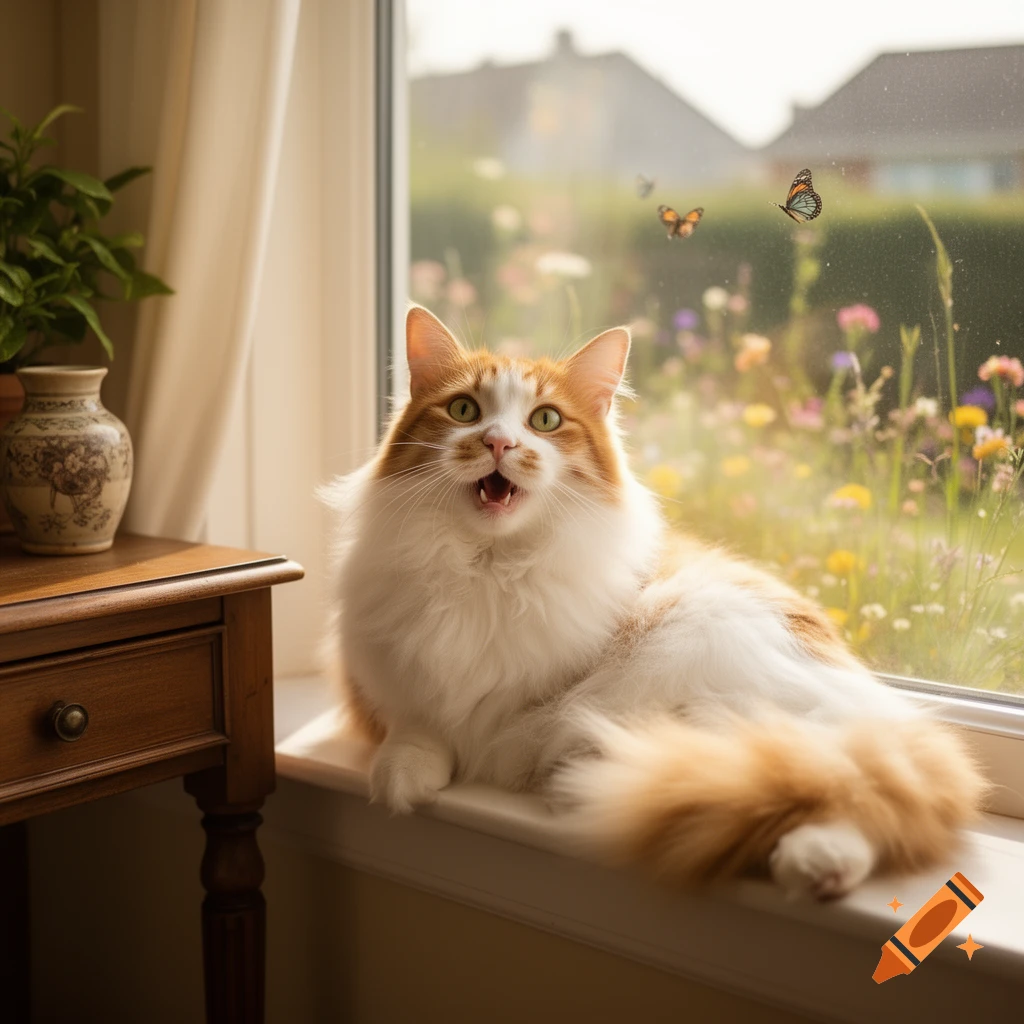 A fluffy orange and white cat sits on a sunlit windowsill, looking out at butterflies fluttering in a vibrant garden.