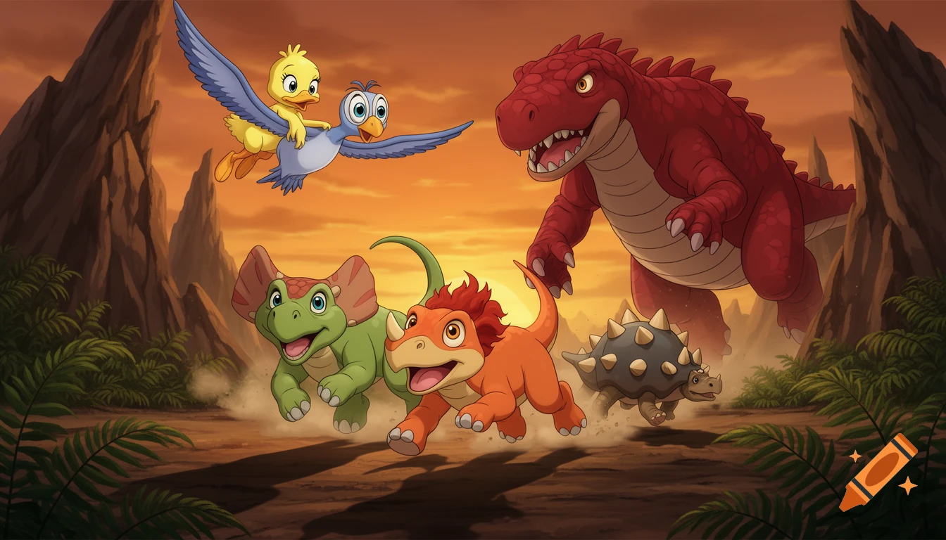A cartoon scene with various dinosaurs and birds running from a larger red dinosaur against a sunset sky.