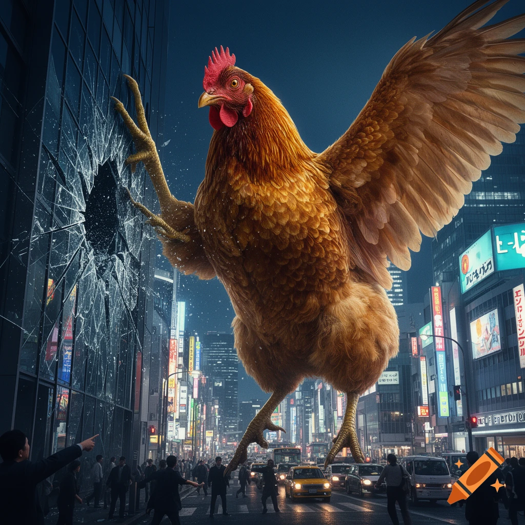 A colossal chicken with outstretched wings towers over a bustling city street, its talons breaking a skyscraper's window, as tiny people below react in shock. The scene is photorealistic at night.