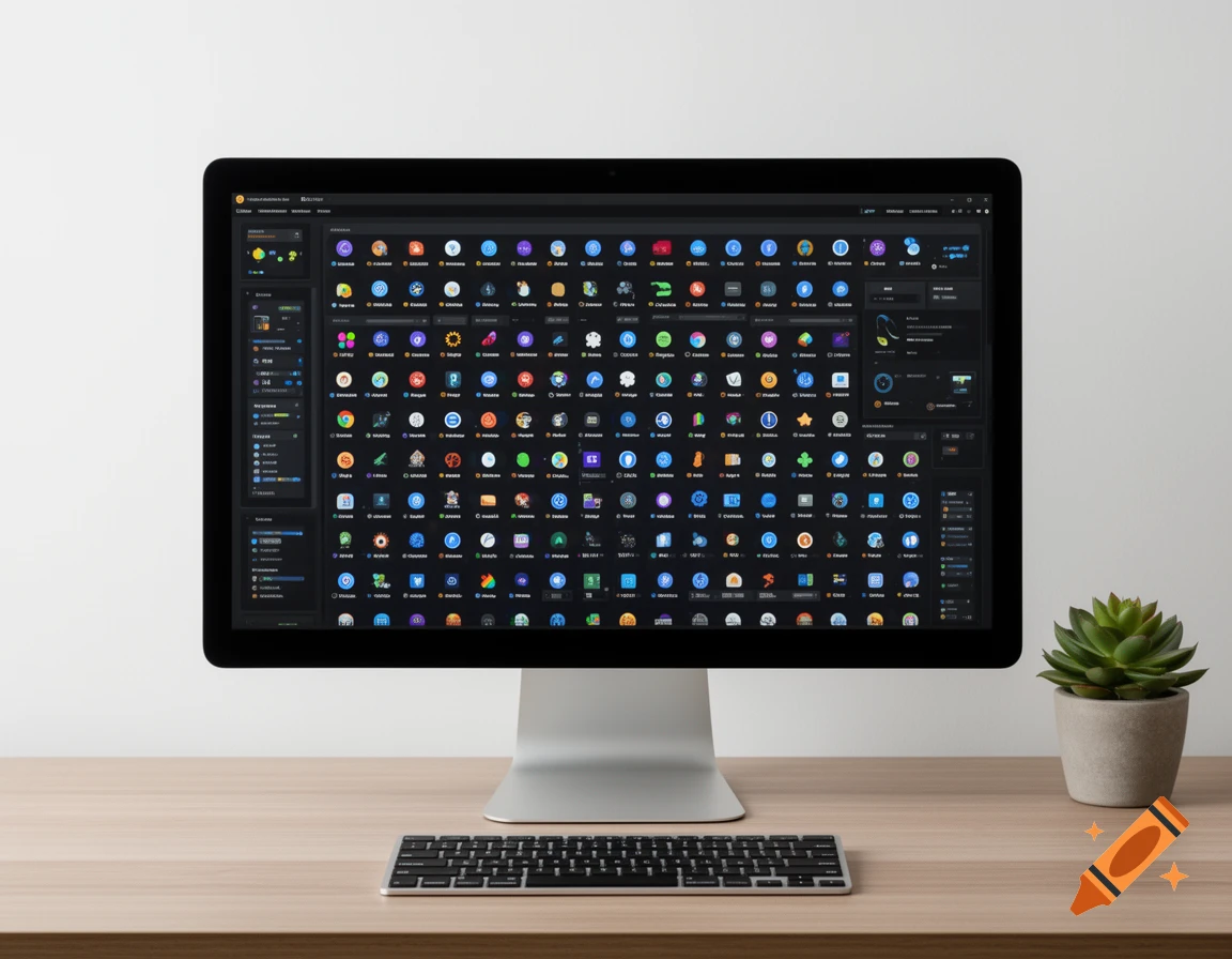 A desktop computer monitor displaying a dark software interface with numerous colorful icons, a keyboard, and a small potted succulent on a wooden desk.