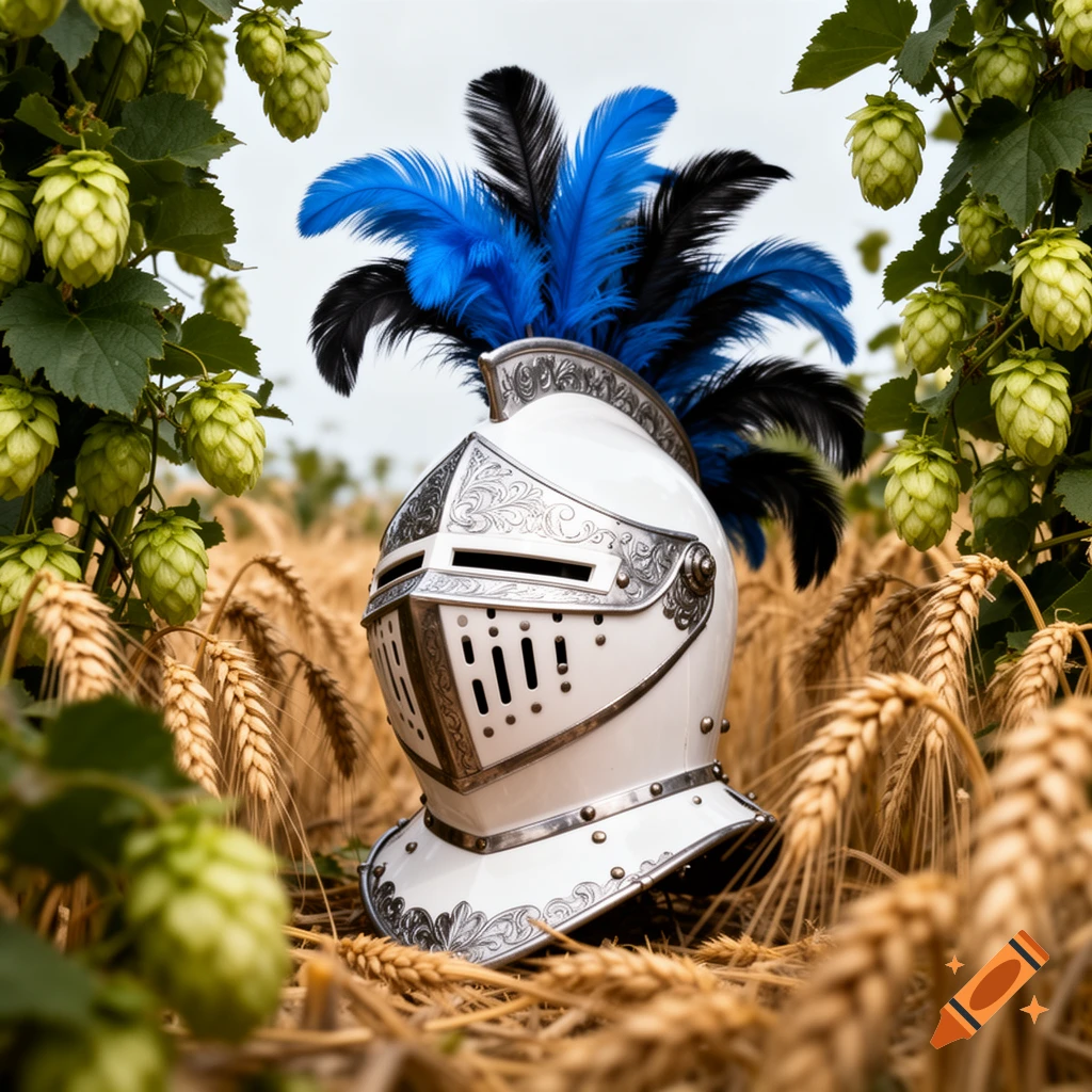 A white knight's helmet with blue and black feathers rests in a field of golden wheat, surrounded by green hops.