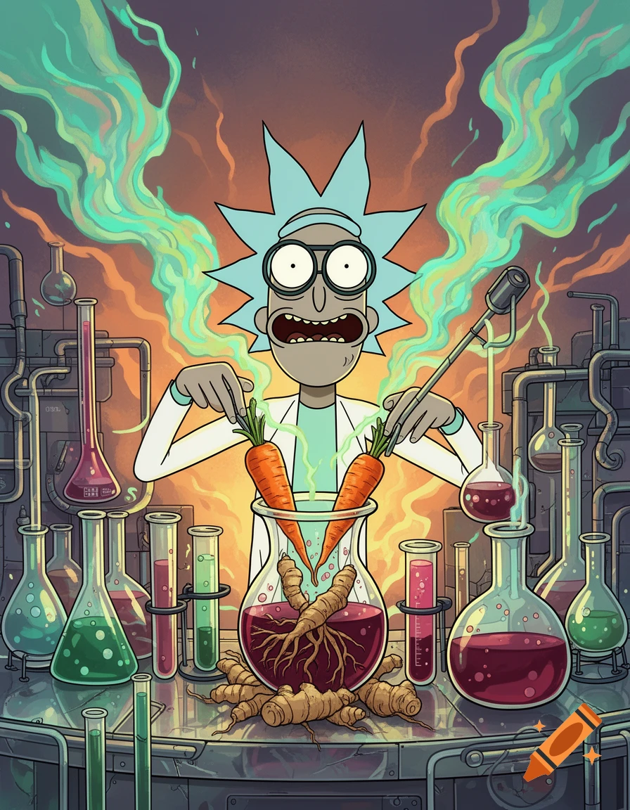 Cartoon mad scientist, Rick Sanchez, concocting a glowing green potion with carrots and ginger in a lab filled with bubbling glassware.