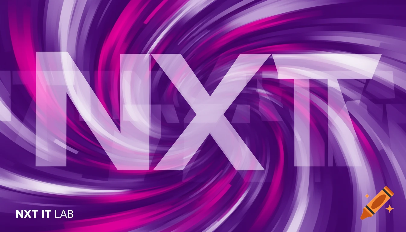 Large white 'NXT' text over a swirling abstract background of purple, white, and magenta lines. 'NXT IT LAB' in smaller text at bottom left.