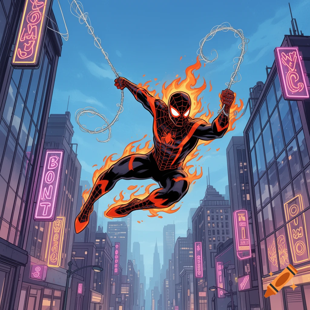 A fiery, Spider-Man-like superhero, BlazeCrawler, swings through a city street at dusk with neon signs.