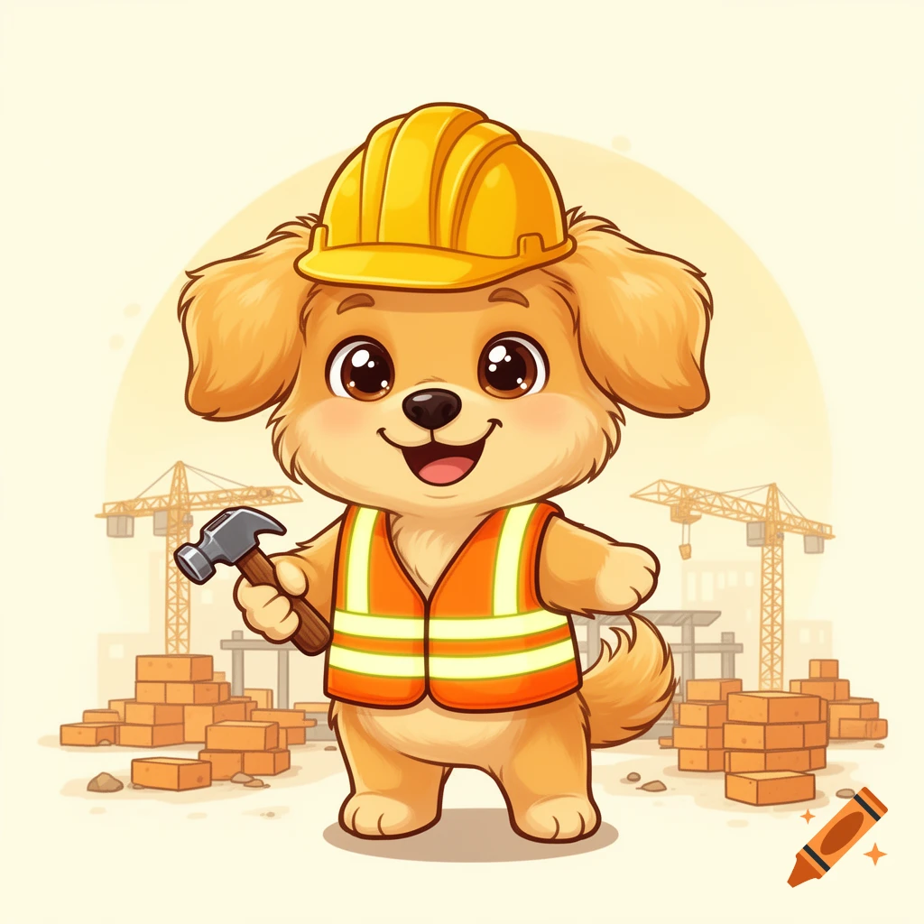 A cute cartoon dog wearing a yellow hard hat and an orange high-visibility vest, holding a hammer, standing in a construction site.
