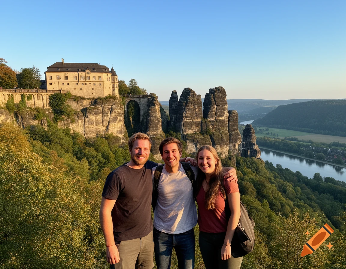Three friends smiling from a viewpoint overlooking a grand castle, unique rock formations, and a river valley.
