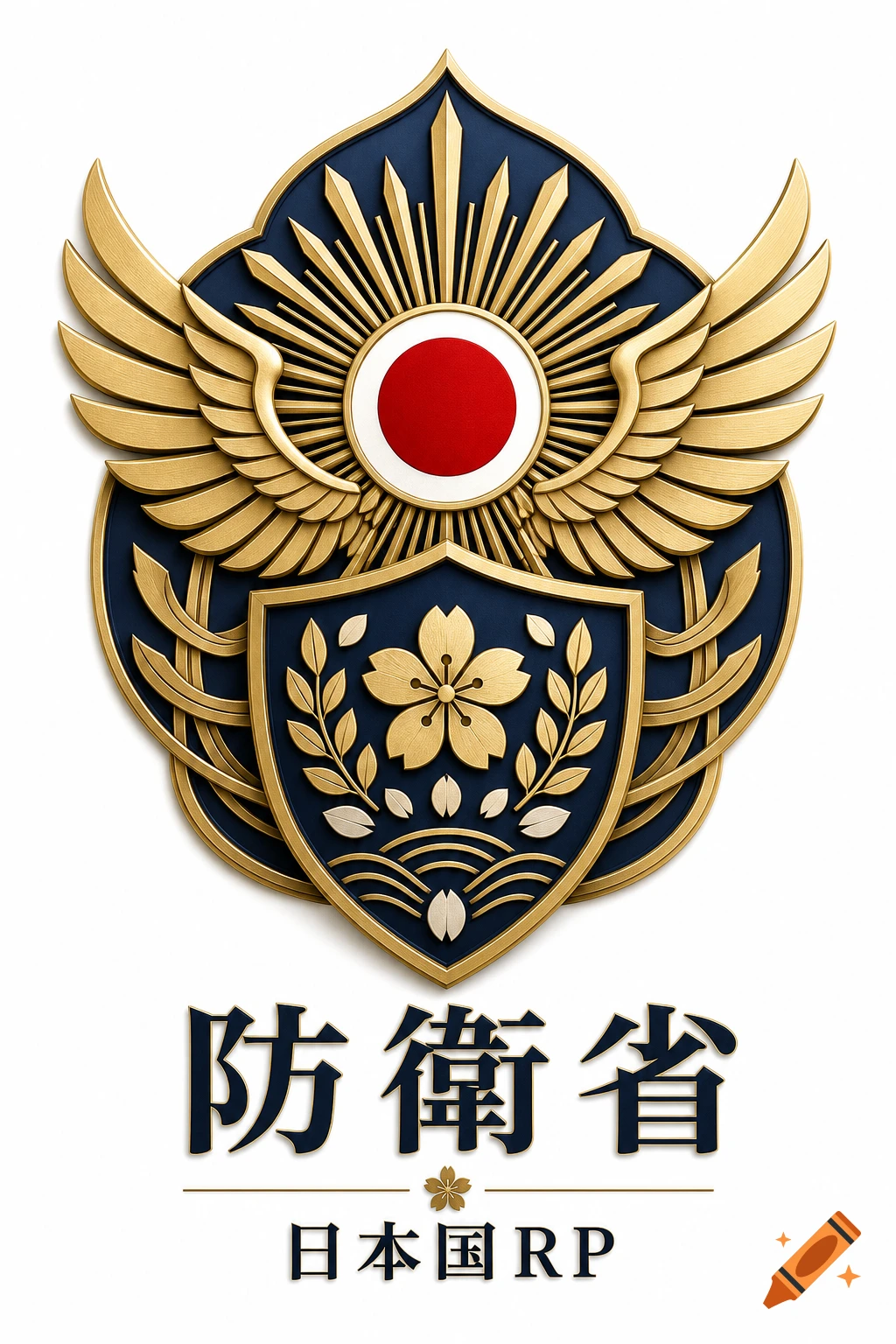 Formal Japanese government emblem in gold, deep blue, and red, featuring a rising sun, wings, and a shield with a cherry blossom.