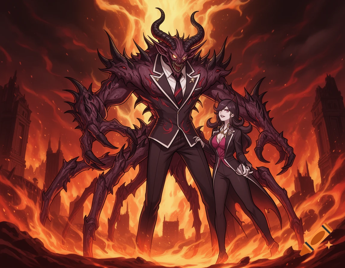 A large, multi-limbed horned demon in a suit stands next to a demonic woman in a suit amidst a fiery, hellish landscape with burning city ruins. Anime style.