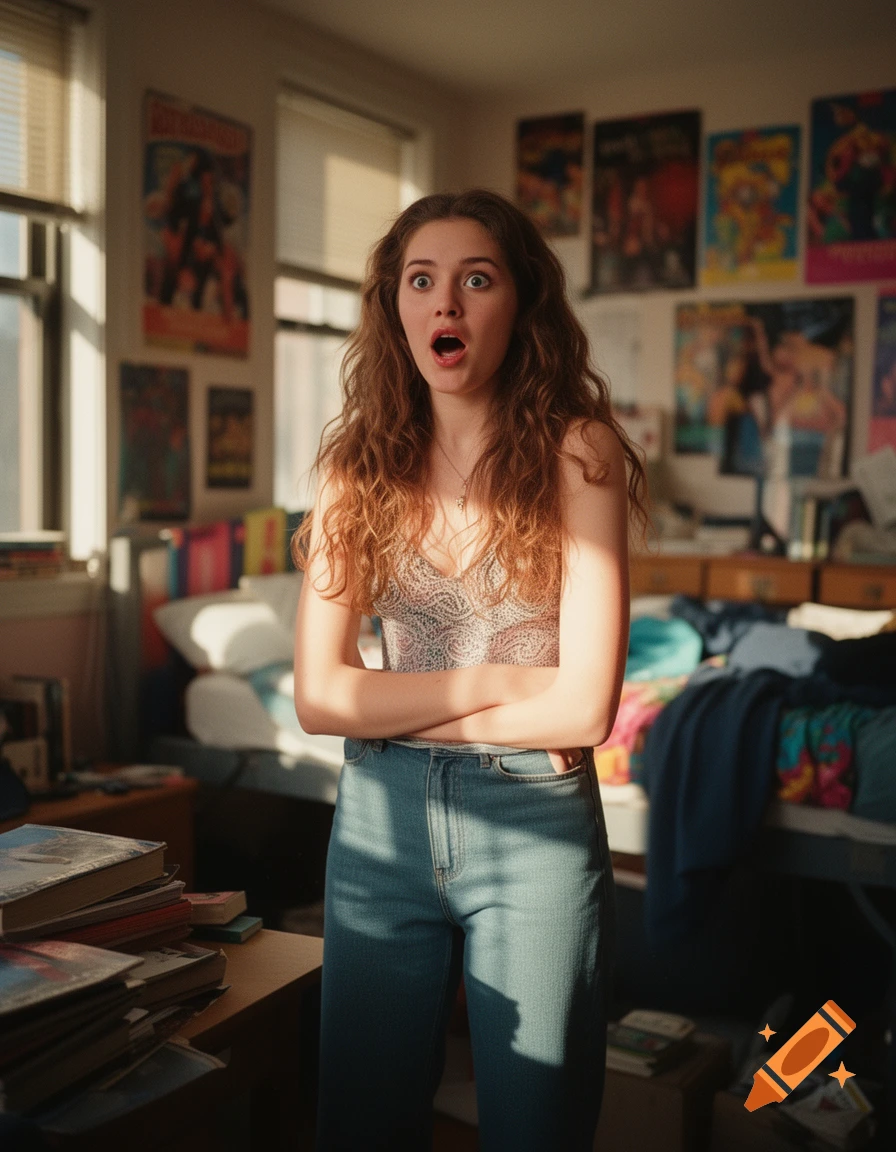 A young woman with long, wavy hair stands in a messy dorm room with a surprised expression, bathed in sunlight.
