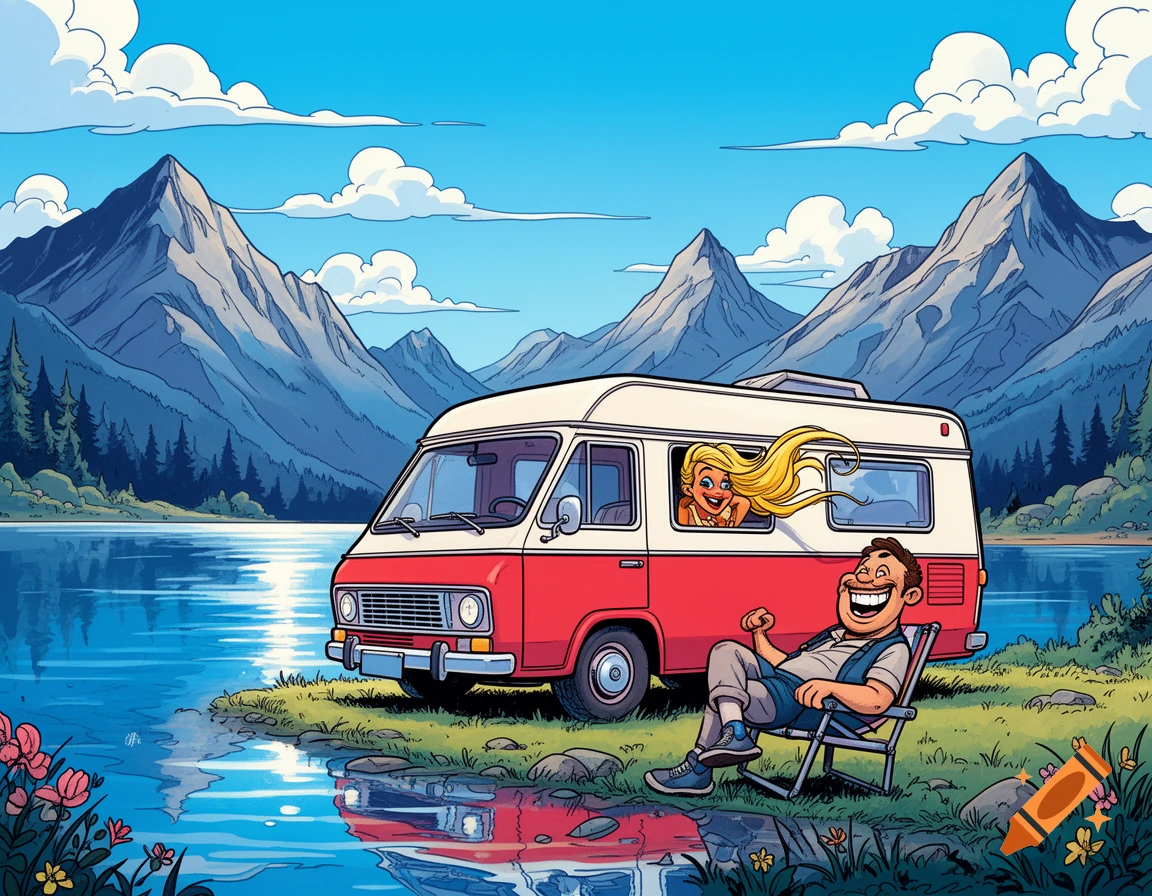 A man lounges in a chair by a lake with a red and white camper van, a woman looking from the window, mountains behind, in a funny comic style.