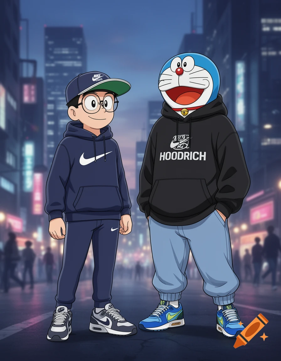 Nobita and Doraemon, from the anime, wear black and blue branded streetwear hoodies and pants, with sneakers, posing in a city street at night.