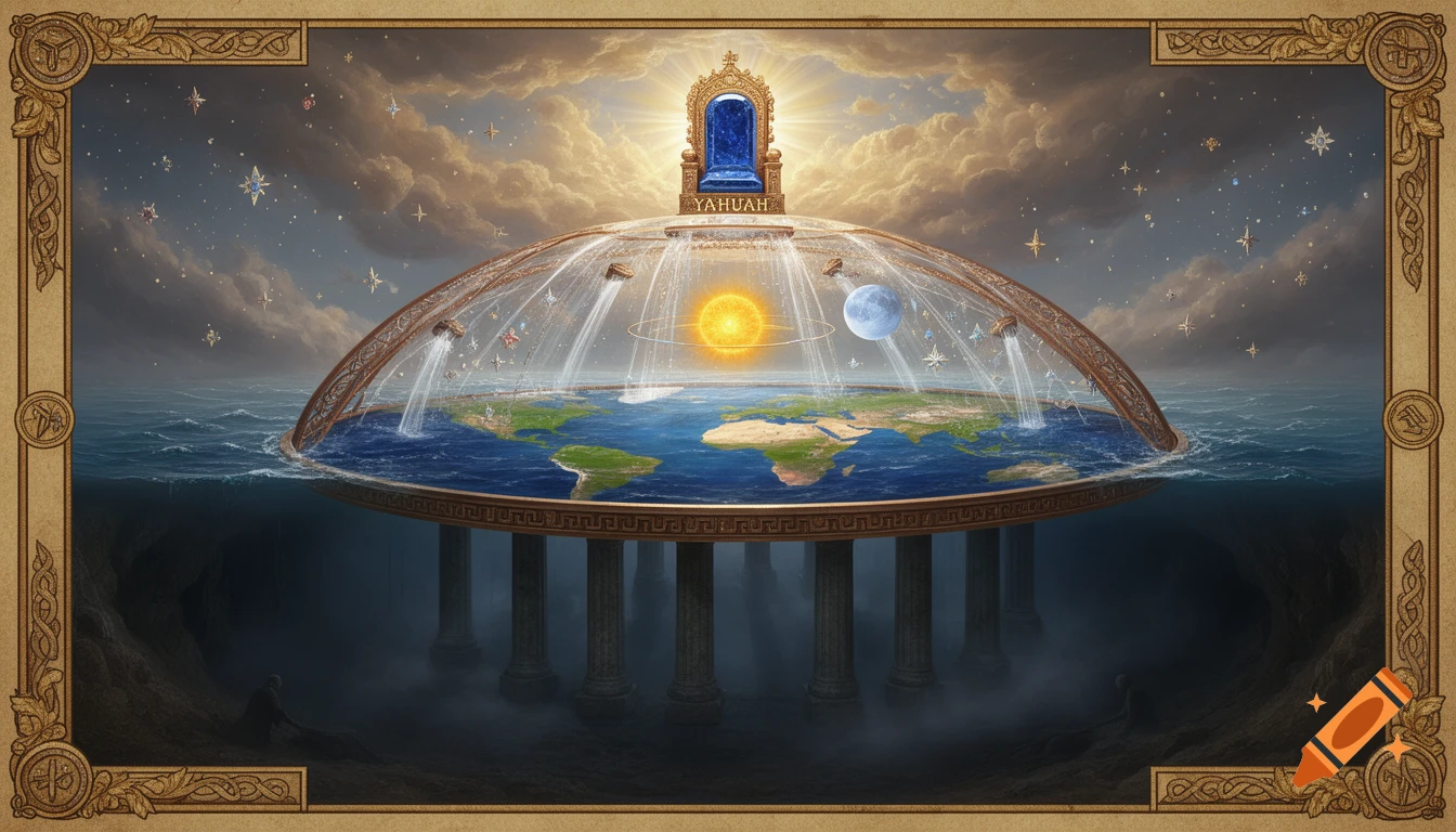 Detailed depiction of Biblical Hebrew cosmology with a flat earth, firmament, celestial bodies, and a radiant sapphire throne of YAHUAH in the heavens, framed by ornate borders.