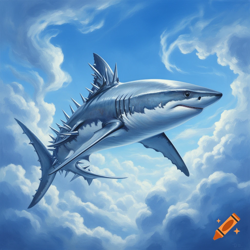 A powerful, spiky shark soars through a bright blue sky filled with fluffy white clouds, rendered in a dynamic painted style.