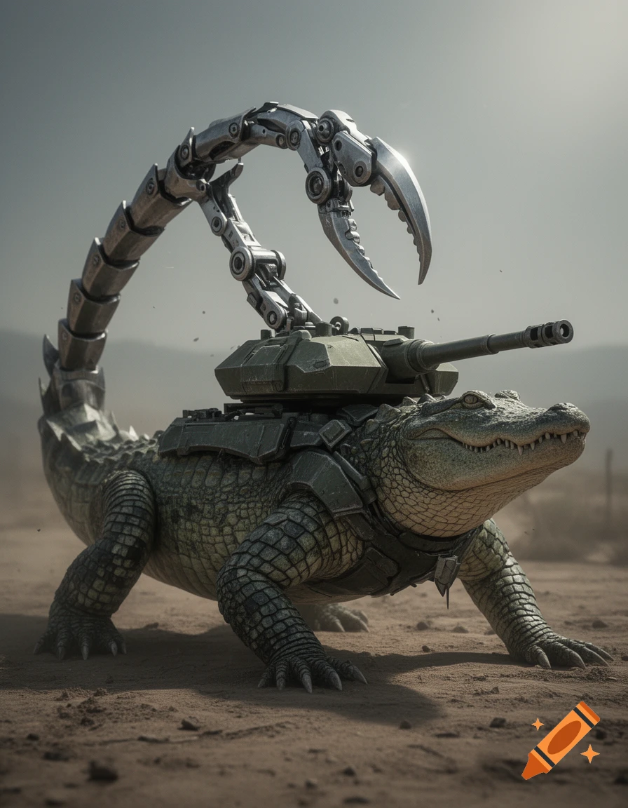 A large, armored crocodile-like creature with a tank turret on its back and a metallic scorpion tail, standing in a desert.