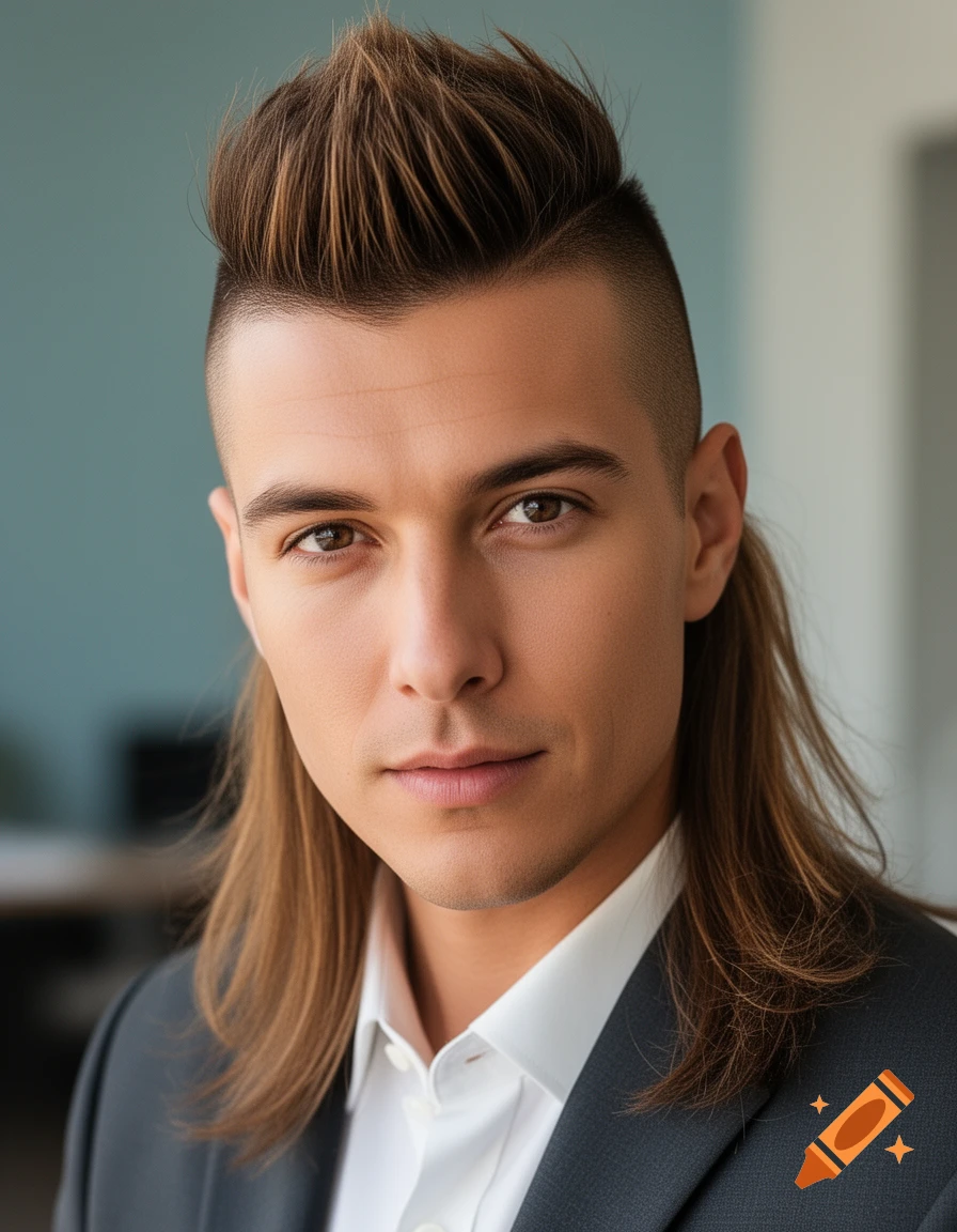 Close-up portrait of a man with a brown mohawk-mullet hairstyle and a business suit.