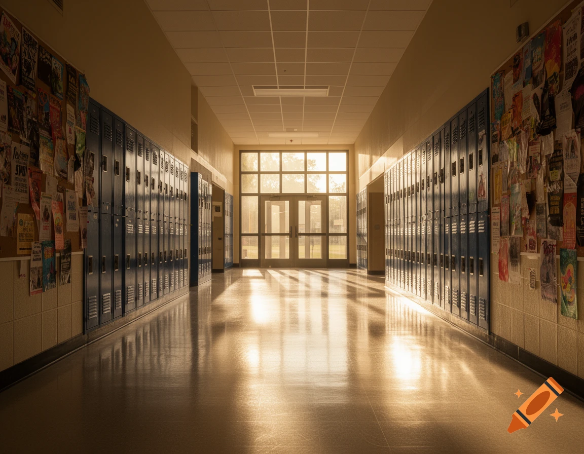 An empty high school hallway with rows of blue lockers and bulletin boards covered in flyers. Sunlight streams through glass doors at the end.