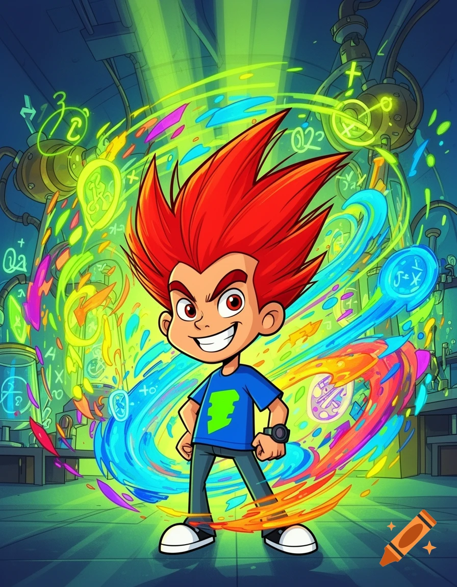 A smiling cartoon boy with spiky red hair and a blue shirt with a green 'E' stands confidently amidst colorful, swirling energy and scientific symbols in a glowing lab.
