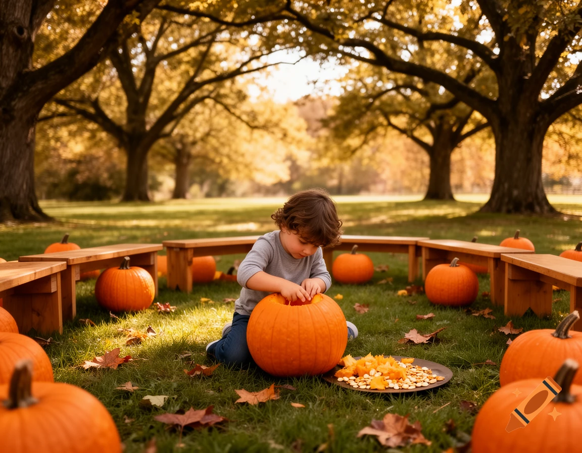 A young child sits on grass, carving a pumpkin among other pumpkins, fallen leaves, and benches under autumn trees.