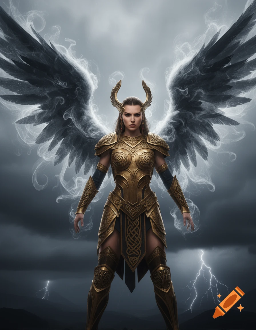 A valkyrie in golden armor with dark, smoky wings stands under a stormy sky with lightning.